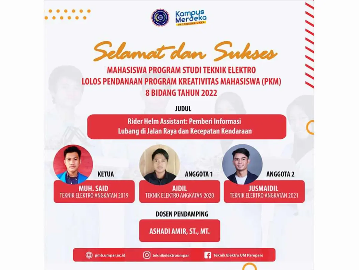Gagas Helm Yang Mampu Beri Informasi Lubang Di Jalan Raya, Mahasiswa Teknik Elektro UMPAR Lolos PKM 2022